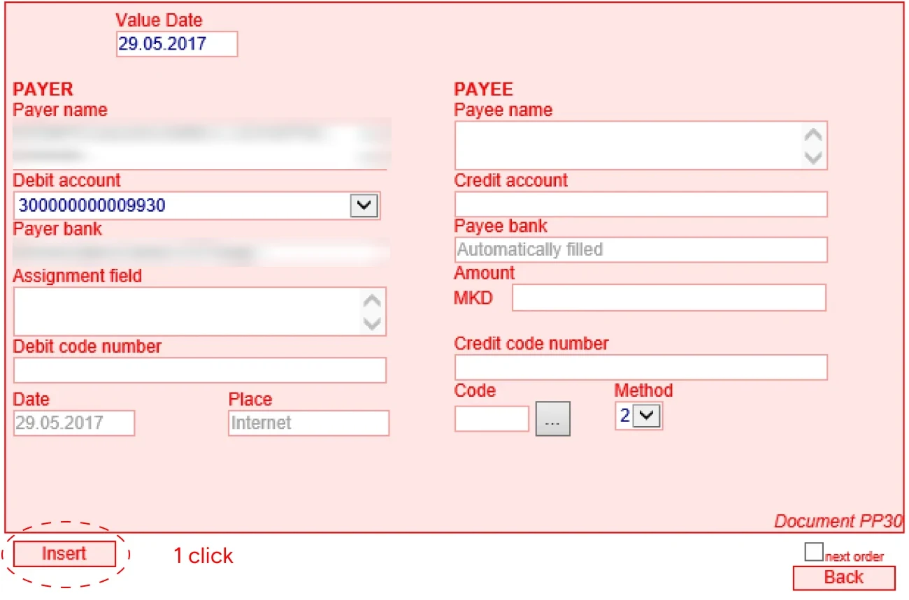 Step 1 of the old flow: the electronic order form with payer and payee fields, and the Insert button circled: 1 click.