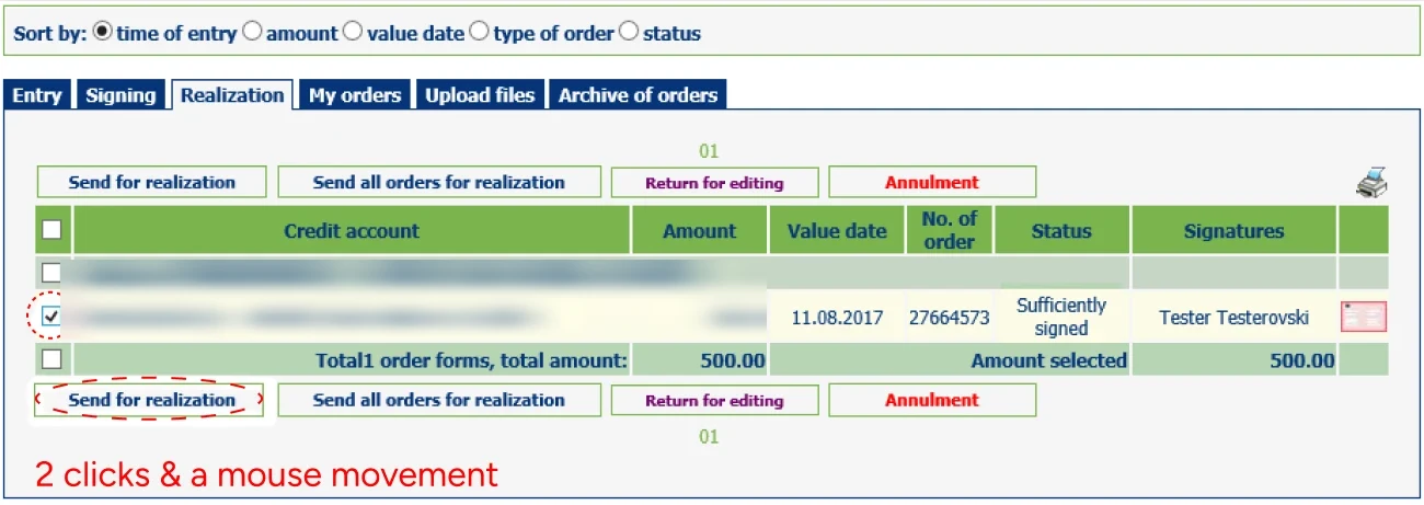 Step 4, the Realization tab: select the order a third time and click Send for realization: 2 final clicks, then refresh the browser to see if it worked.
