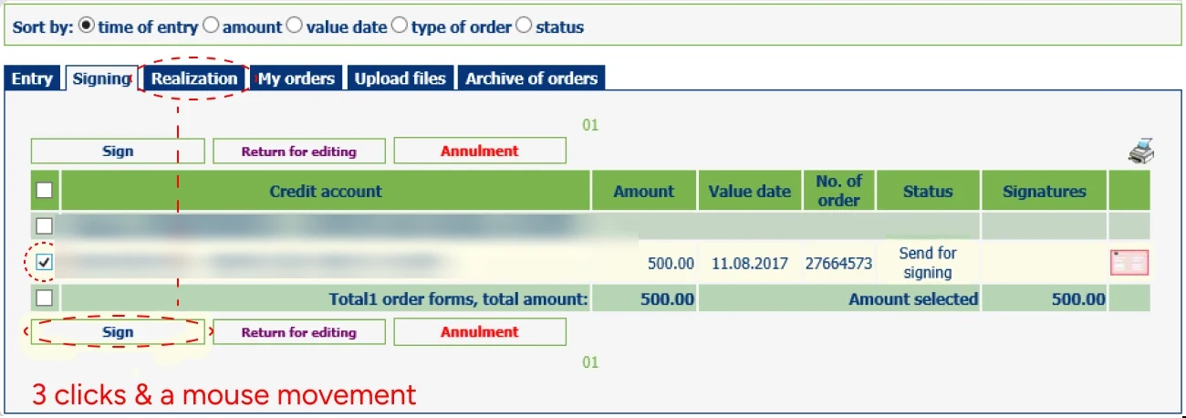 Step 3, the Signing tab: select the same order again, click Sign, then head for the Realization tab: 3 more clicks.