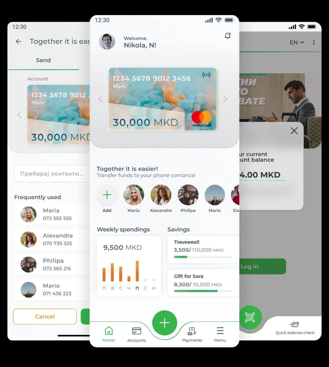Three screens from the five-year plan: contact transfers, the personalized mobile dashboard with weekly spending and savings goals, and a biometric quick balance check on the login screen.