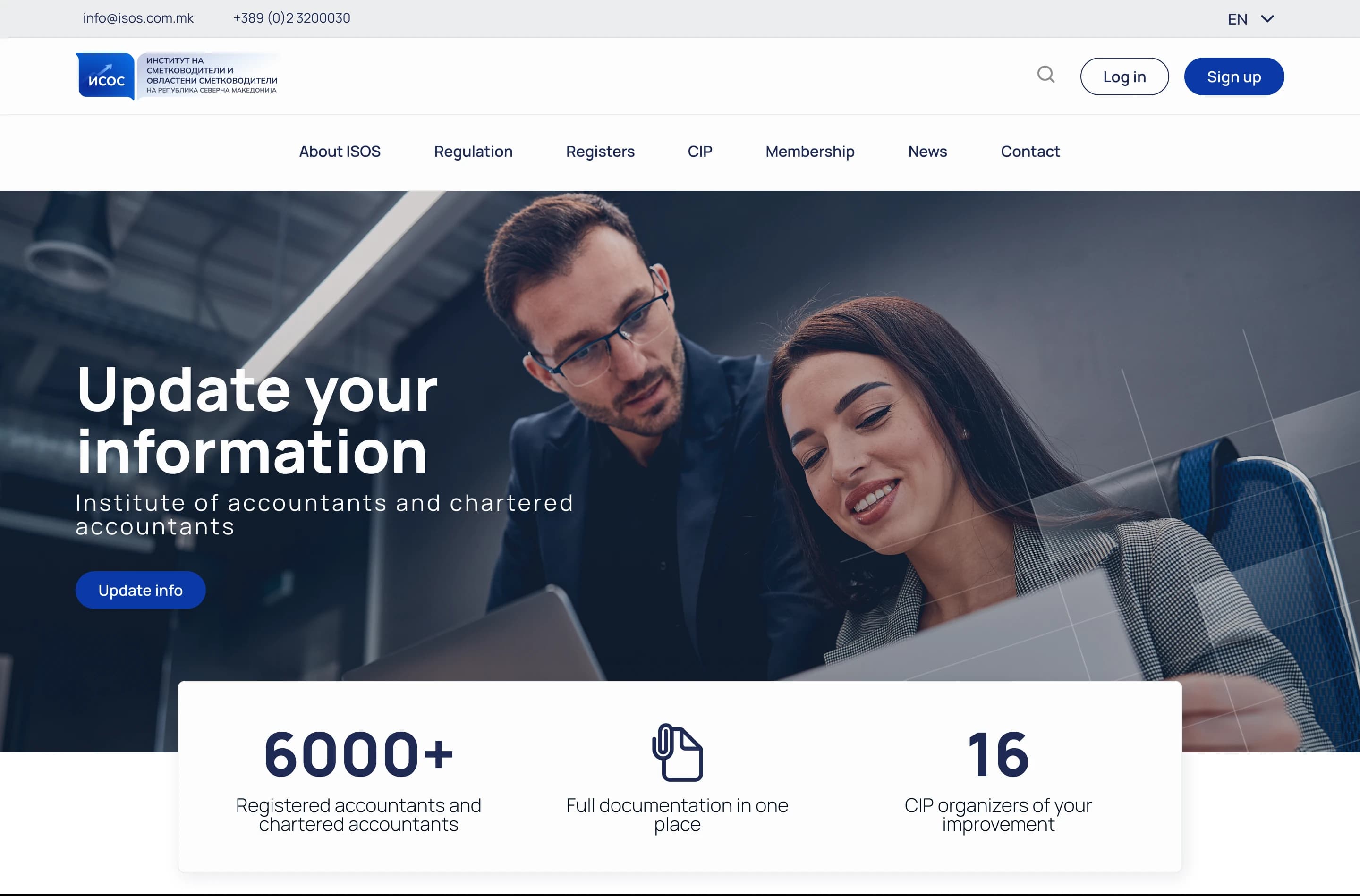 The redesigned ISOS website hero: a full-width photo of colleagues at work with a single call to action on top.