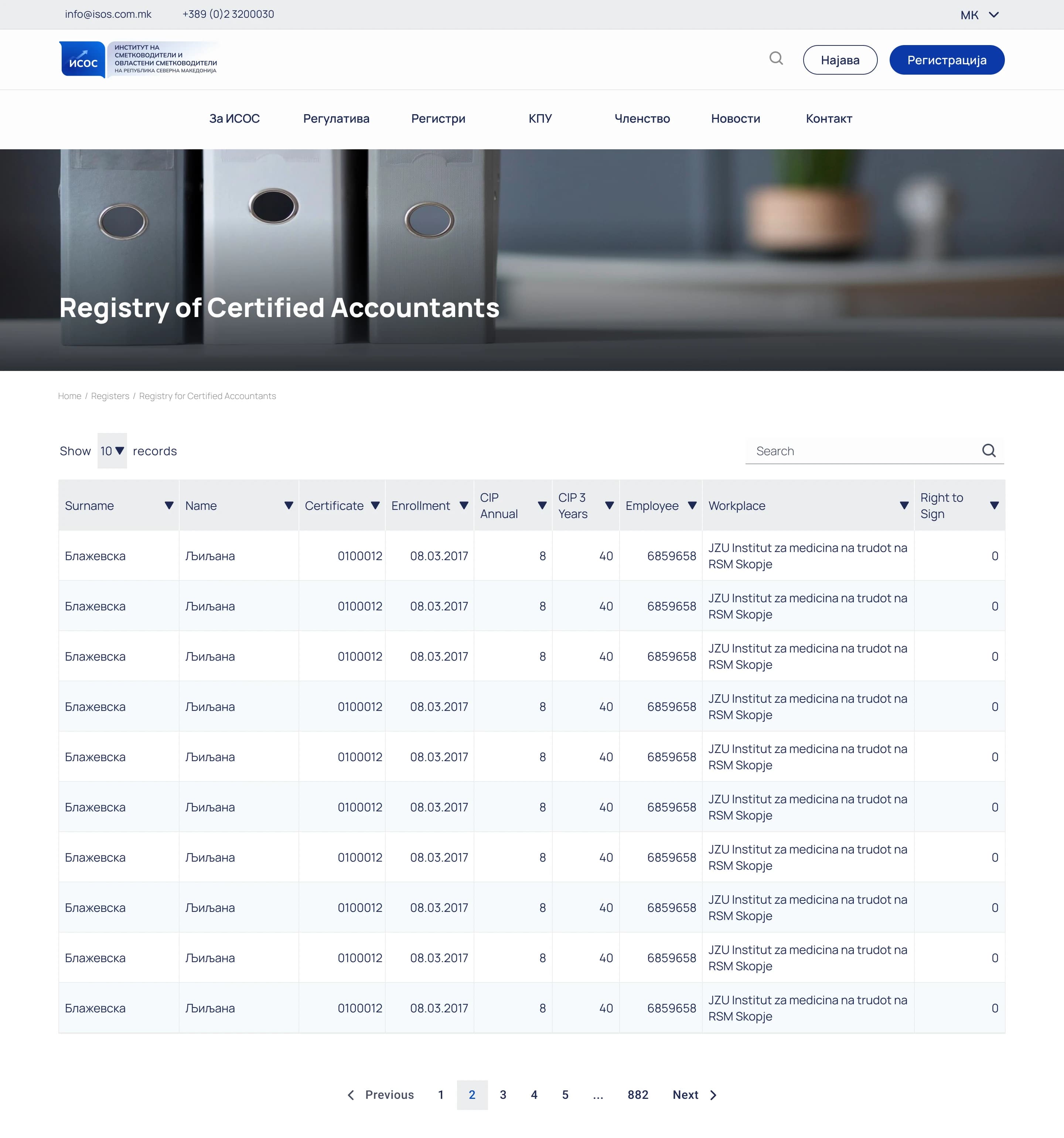 The member registry as a searchable, paginated table: type a name, get the record with license status and contact details.