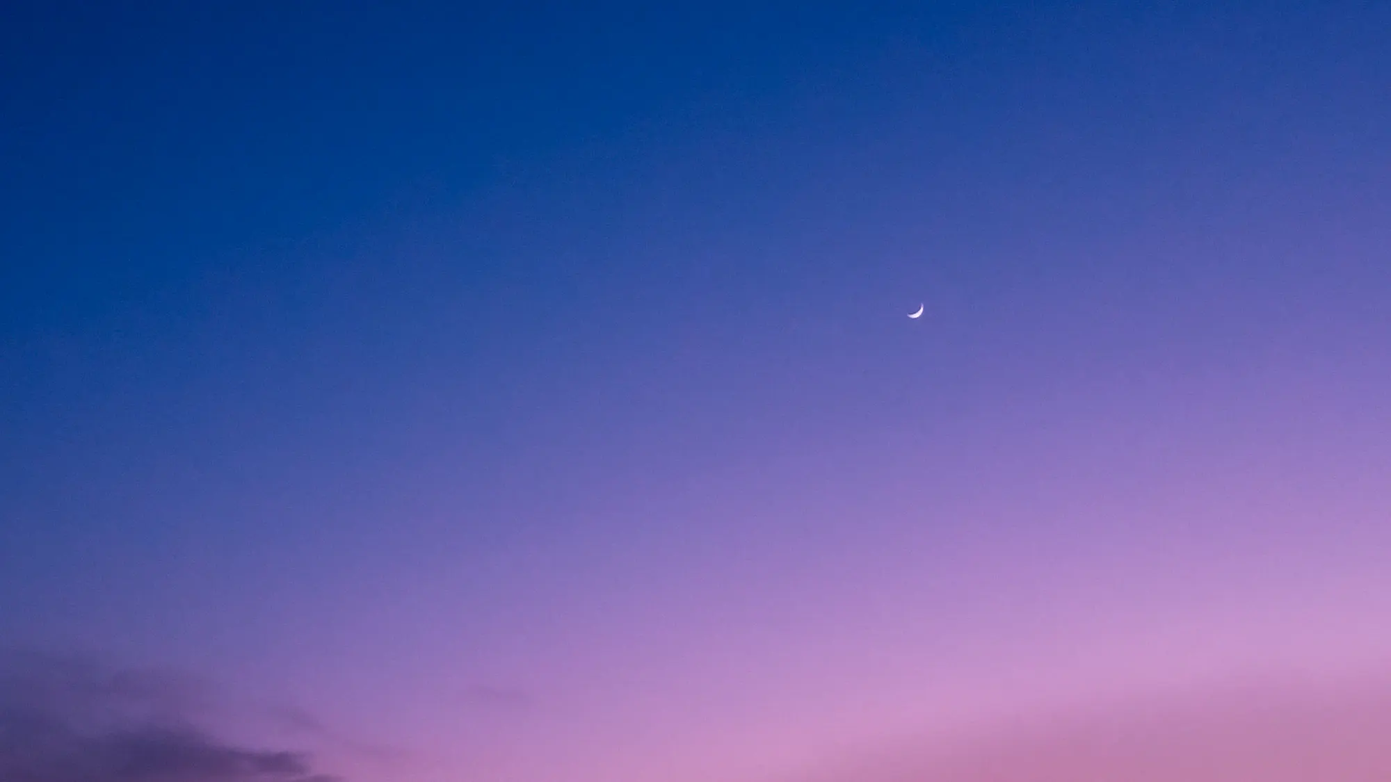 A bare twilight sky graded from deep blue at the top to pink at the horizon, with a thin crescent moon and one low wisp of cloud.
