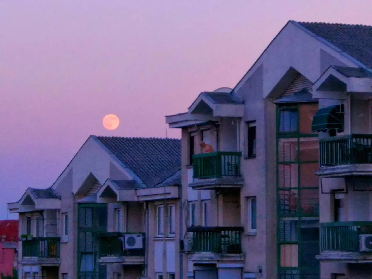 A full moon low in a lilac sky behind the pitched roofs and balconies of a row of apartment buildings.
