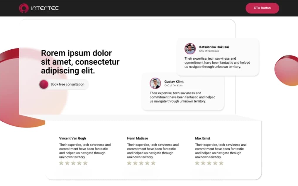 Pitched concept: a hero headline with layered social-proof cards and a review row beneath.