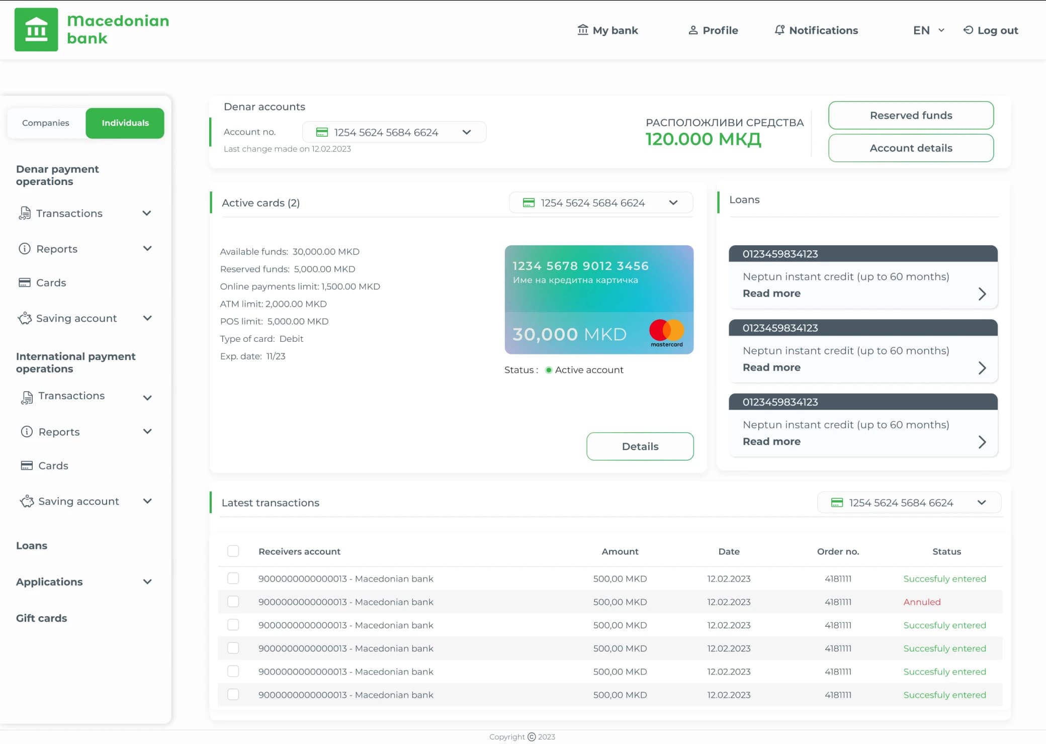 The redesigned InternetBank dashboard: master-detail layout with sidebar navigation, account overview, active cards, and loans.